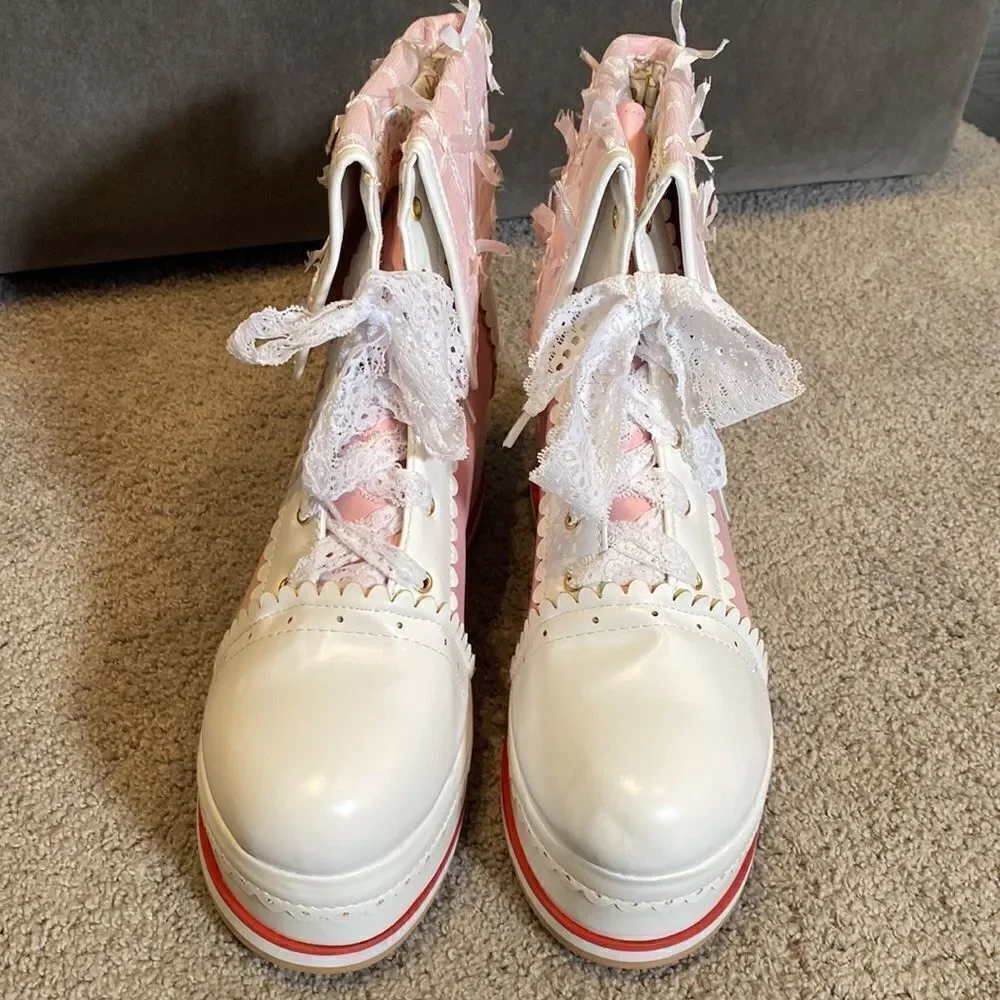 Women’s Platform Wedge Boots Pink & White Size EU 46 (13.5 US) NEW